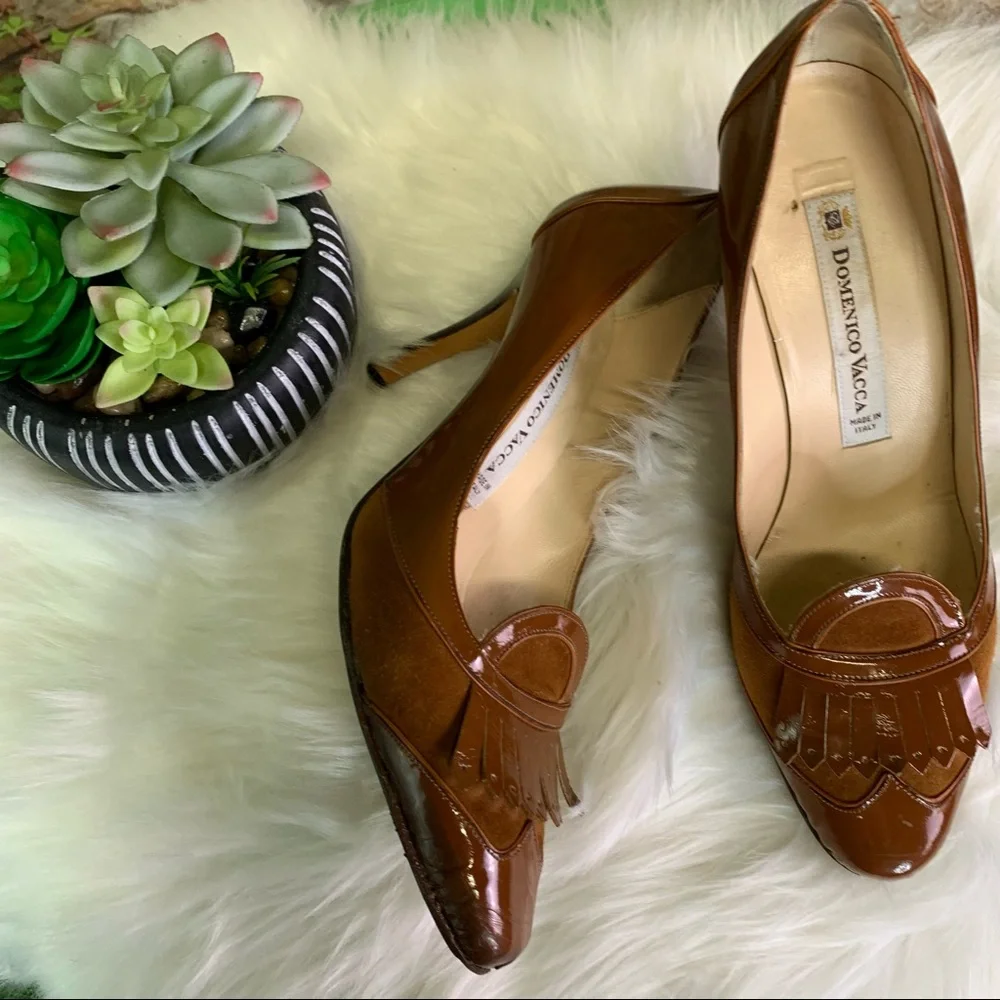 DOMENICO VACCA Italian Made Suede and Leather Burnt Caramel Kiltie Pumps, 38